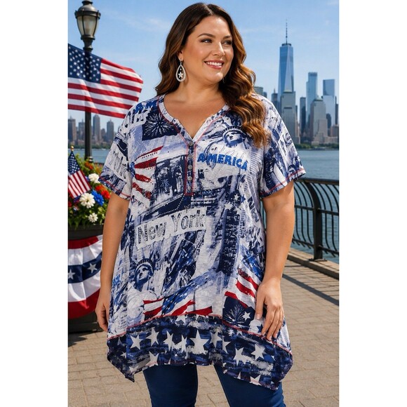 Unique Woman Tops - Unique Woman 2X Patriotic Stars Graphic Tunic T-Shirt V-Neck Rhinestone Button
